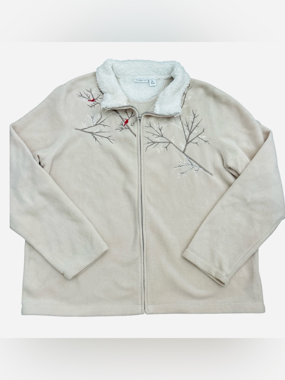 Croft & Barrow Cream Fleece Zip-Front Jacket with Embroidered Bird Detail XL